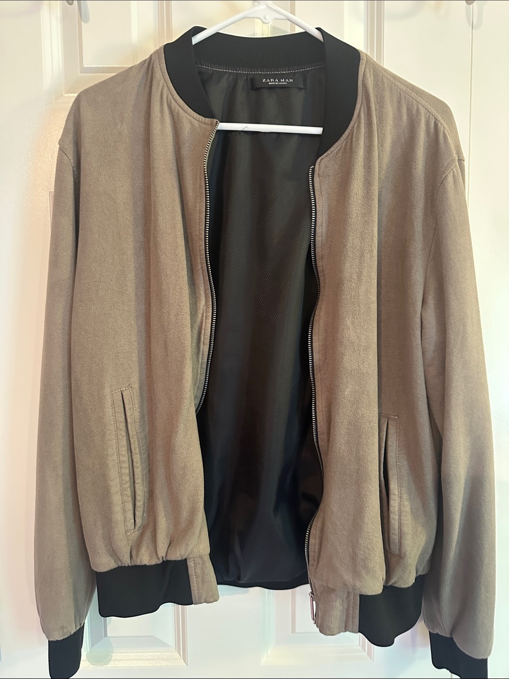 Zara Olive Taupe Bomber Jacket with Black Trim